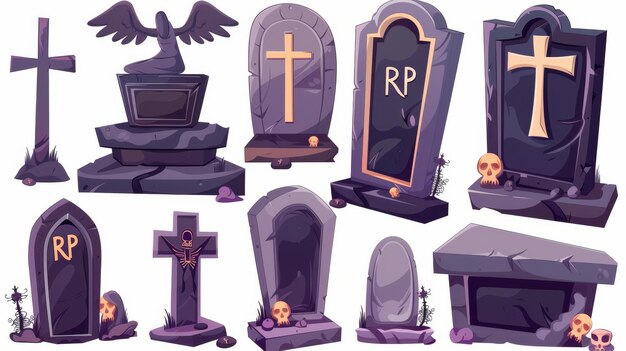 Foto una ilustración de lápidas un sarcófago y un ataúd con rip inscrito en ellos aislados en un fondo blanco lápidas vacías cruzan figuras de ángeles y otros símbolos del cementerio