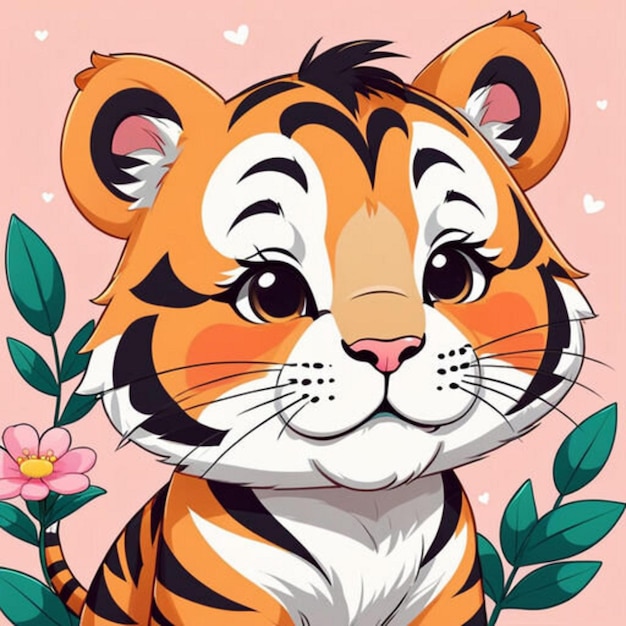 Foto ilustración de un león bebé lindo y gracioso en flores al estilo kawaii