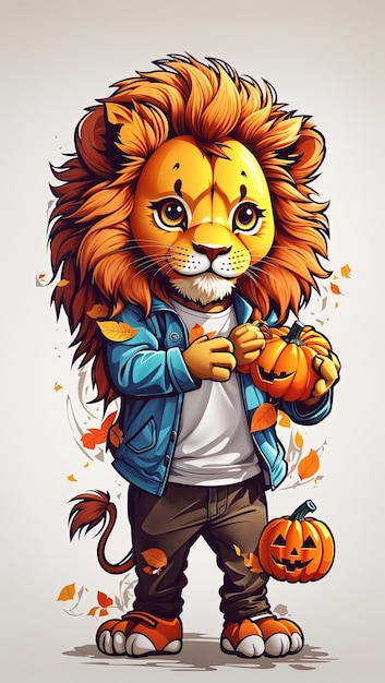 Ilustración León kawaii jugando con una pequeña calabaza Vista lateral de Halloween pegatina blanca limpia