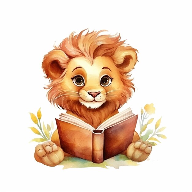 Ilustración de un león leyendo un libro con una flor en primer plano generativo ai