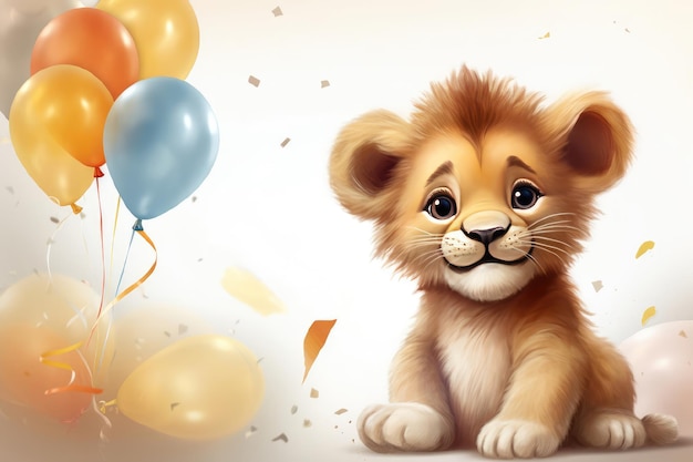 Foto ilustración de un león lindo con globos de colores cartel de felicitación de cumpleaños para niños