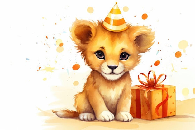 Foto ilustración de un león lindo con un regalo de cumpleaños cartón de felicitación de aniversario cartel para niños