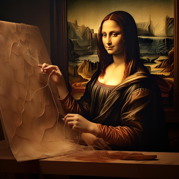 Foto ilustración de leonardo da vinci pintando la mona lisa