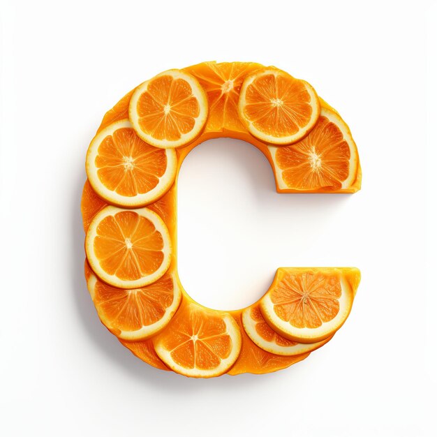 Foto ilustración de la letra c hecha de naranjas vista frontal muy detallada