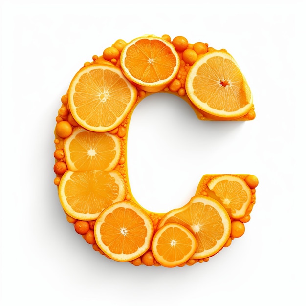 Foto ilustración de la letra c hecha de naranjas vista frontal muy detallada