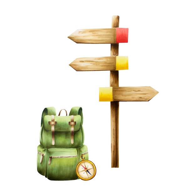Ilustración de letrero de madera acuarela con mochila de senderismo y camping y brújula Indicato de dirección