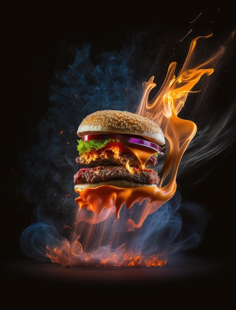 Ilustración de levitar deliciosa hamburguesa en llamas sobre fondo oscuro AI generativa