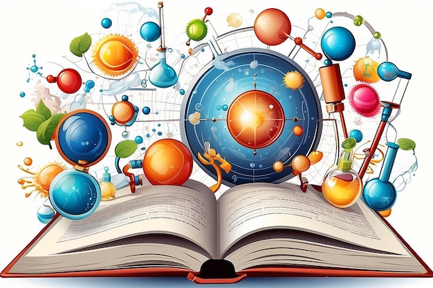Foto ilustración de un libro abierto con elementos científicos en fondo blanco