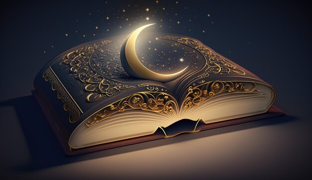 Ilustración de un libro abierto con una mezquita y una luna en la ai generativa superior