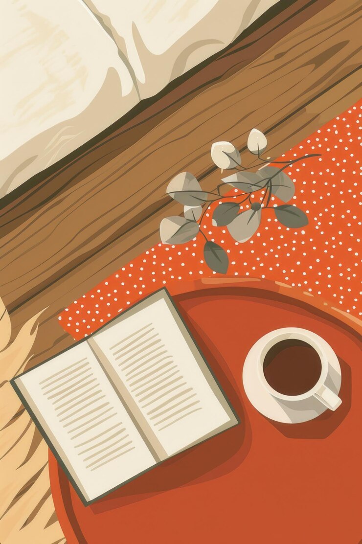 Ilustración de un libro abierto y una taza de café en una mesa de madera proyectando sombras en la cálida luz del sol