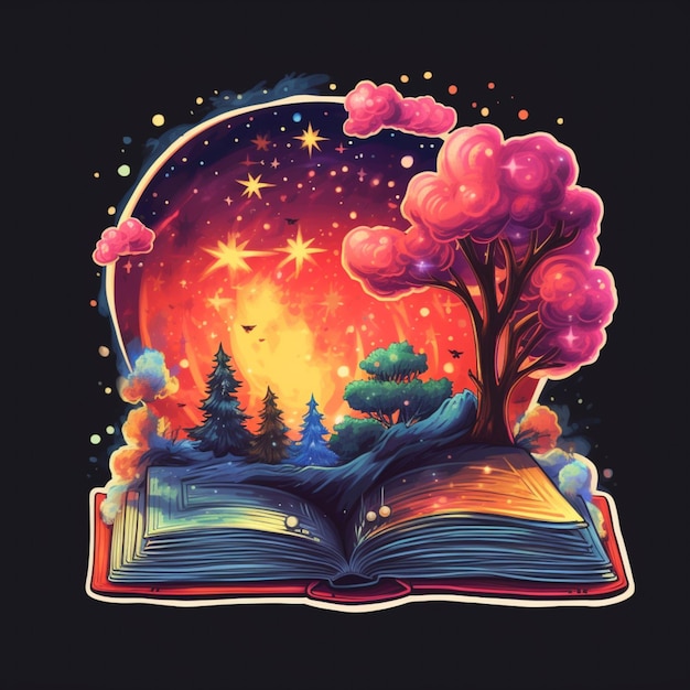 Ilustración de un libro con un árbol y una luna en el fondo ai generativo