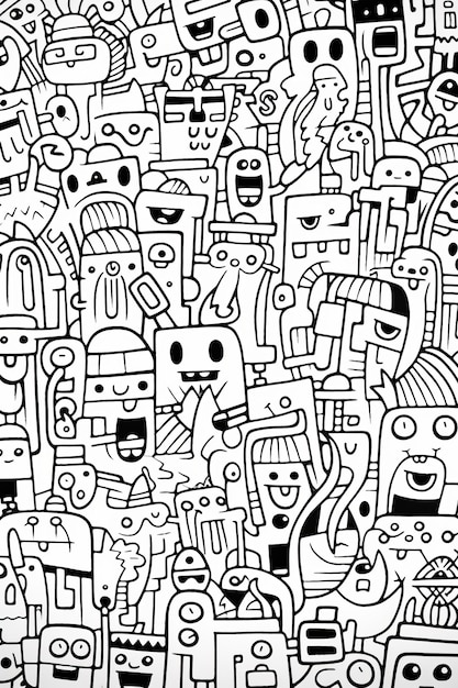 Ilustración de libro de colorear doodle multitud monstruo alienígena lindo creado con tecnología de IA generativa