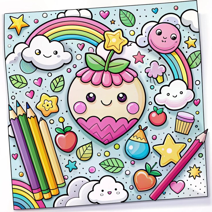 Foto ilustración de libro para colorear kawaii dibujado a mano