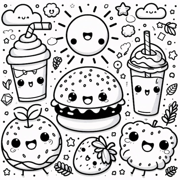 Ilustración de libro para colorear kawaii dibujado a mano