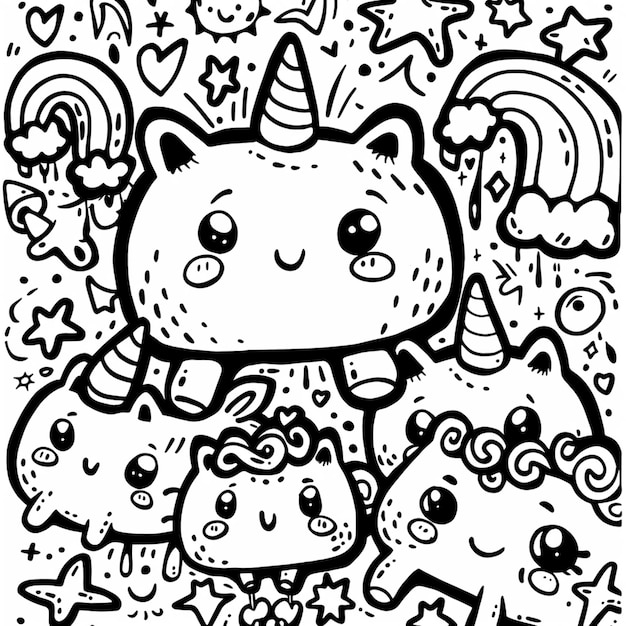 Ilustración de libro para colorear kawaii dibujado a mano