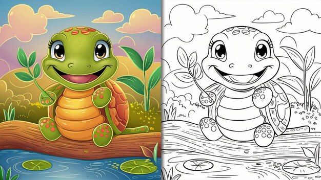 Foto ilustración de un libro de colorear de tortugas encantadoras y amigables