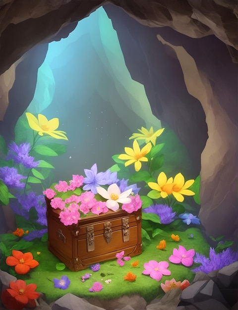 Ilustración para el libro de fantasía children039s Cofre dentro de una cueva