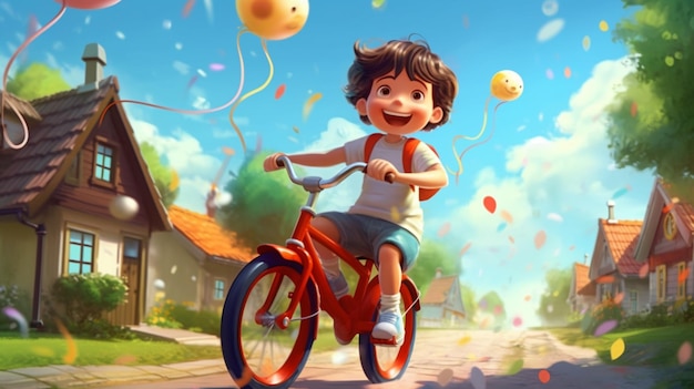 Ilustración para un libro infantil de un niño sonriente montando en bicicleta IA generativa