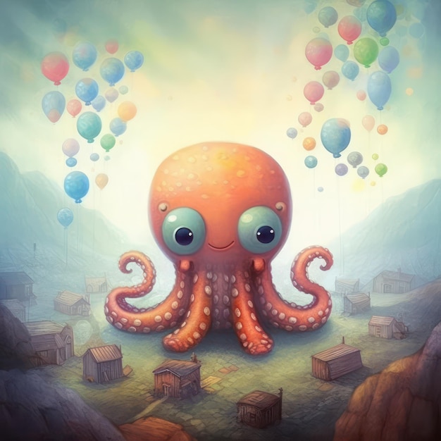 Ilustración de libro infantil de pulpo lindo IA generativa