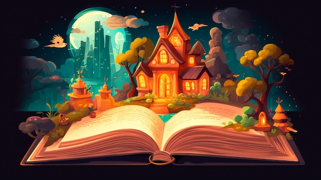 Foto ilustración de un libro mágico que contiene historias fantásticas ia generativa