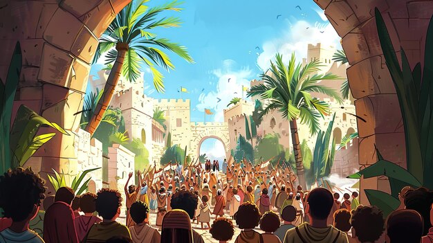 Foto ilustración del libro para niños de la entrada triunfal a jerusalén