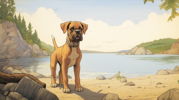 Ilustración del libro Nostálgico de los Niños Mastiff Perrito en las costas de Quebec