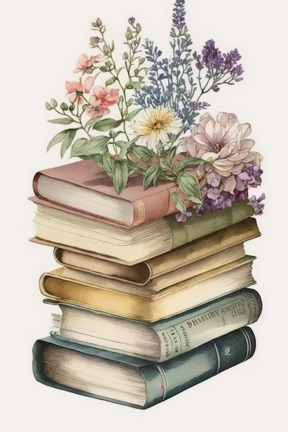 Ilustración de libros de acuarela con flores aisladas sobre fondo blanco