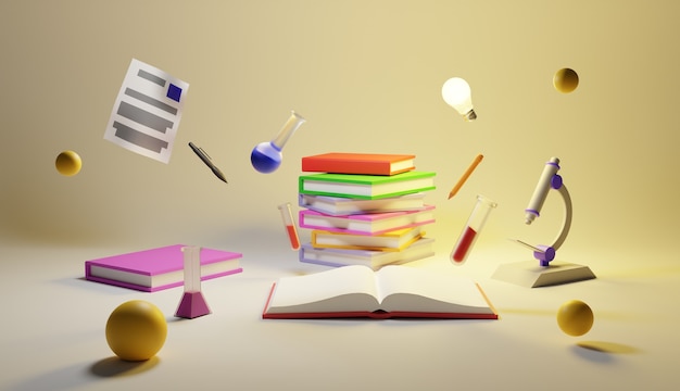 Ilustración de libros y equipos de ciencia diseño 3d