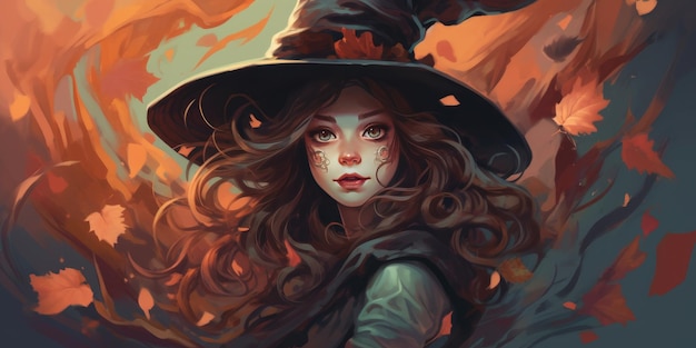 Ilustración linda brujita con gorra halloween tema generativo ai