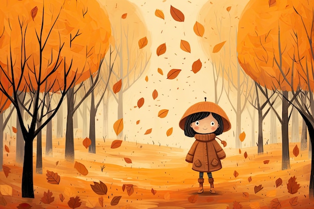 Ilustración de una linda chica caminando en el parque de otoño Humor de otoño naranja