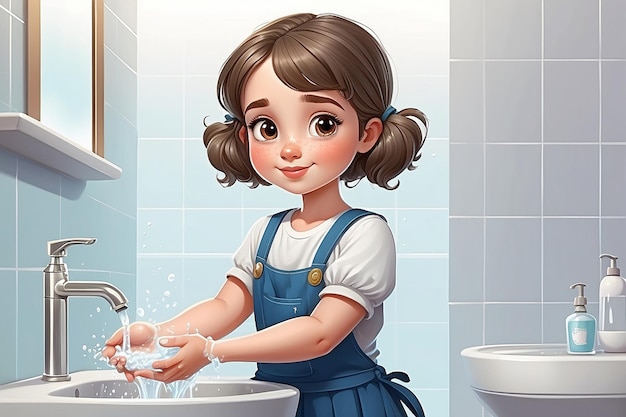Ilustración de una linda chica de dibujos animados lavándose las manos