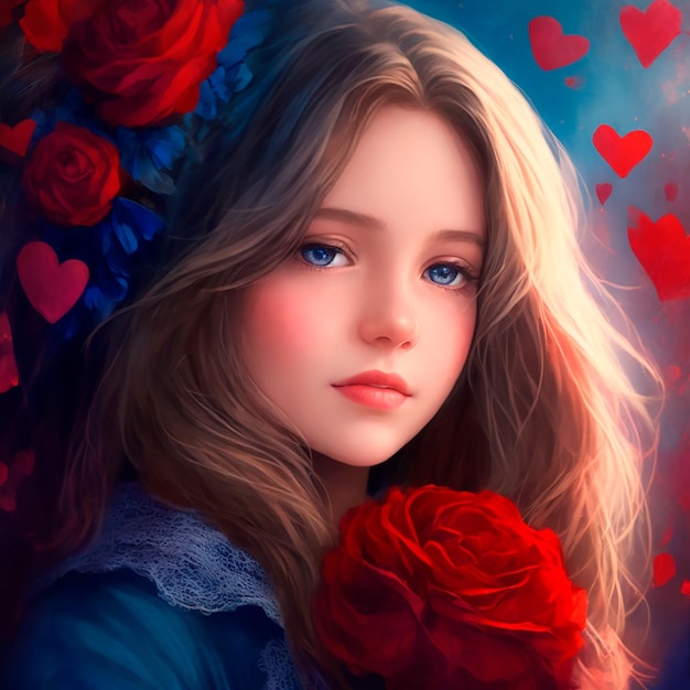 Ilustración de una linda chica con flores rojas