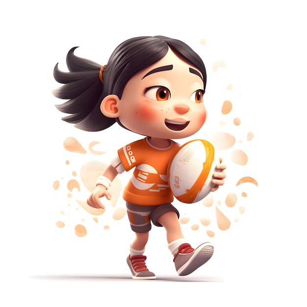 Foto ilustración de una linda chica jugando rugby con una pelota sobre un fondo blanco