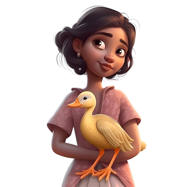 Ilustración de una linda chica con un patito sobre un fondo blanco.