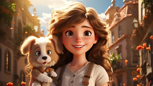 Ilustración linda chica con perro 3d render AI generativa