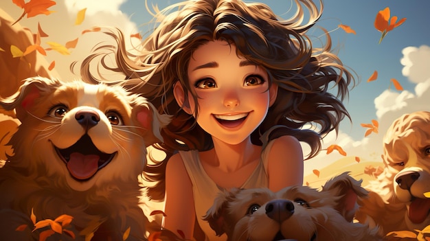 Ilustración linda chica con perro AI generativa