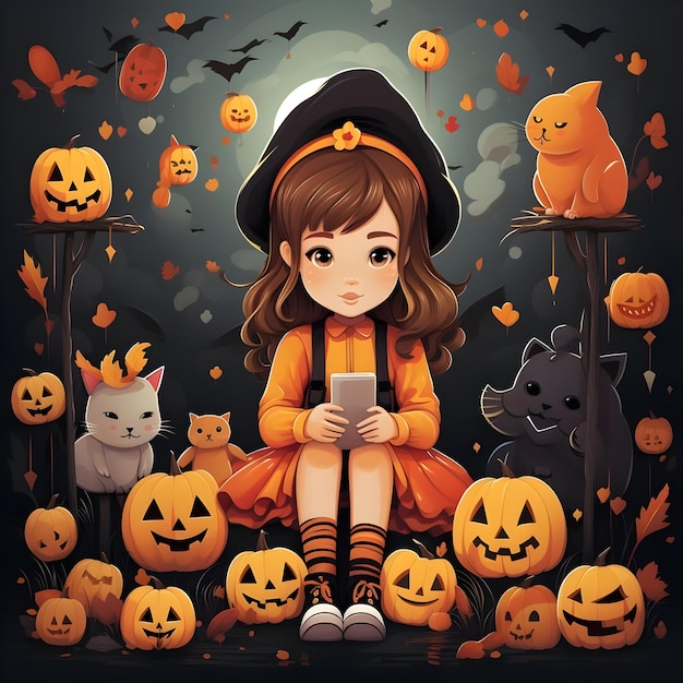 Ilustración de una linda chica en una publicación divertida en las redes sociales para la fiesta del festival de Halloween