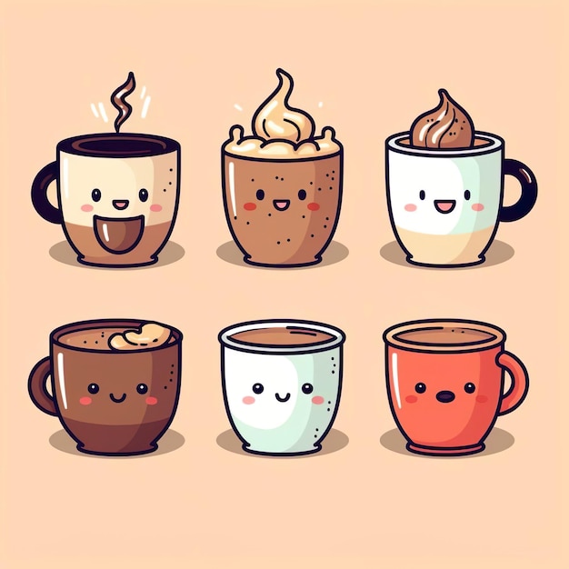 Ilustración de la linda colección de tazas de café kawai ai generativa