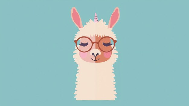 Foto una ilustración linda y colorida de una llama con gafas la llama tiene un cuerno de unicornio en la cabeza y está rodeada de una suave y esponjosa melena