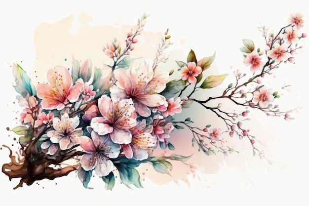 Ilustración linda de la flor de Sakura de la acuarela AI GenerativexA