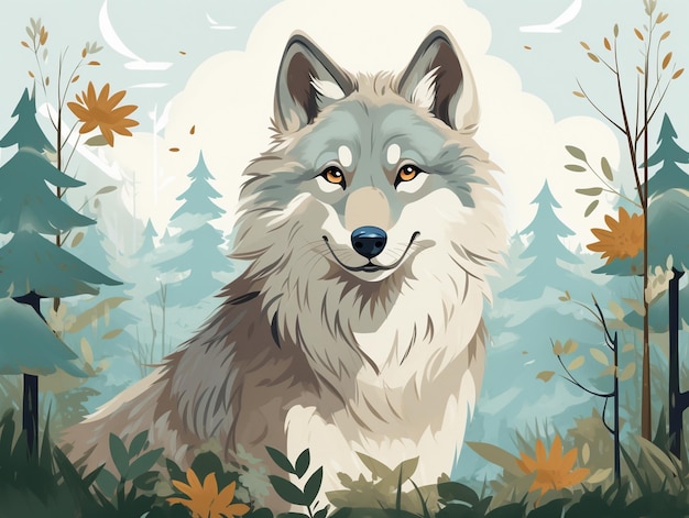 Ilustración linda de un lobo con fondo de bosque