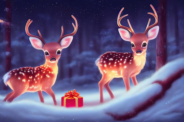 Ilustración linda de la madre y el bebé de los ciervos Ilustración de Navidad con adorables ciervos bosque de invierno paisaje nevado pintura de ilustración de estilo de arte digital