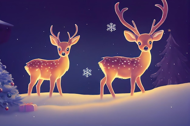 Ilustración linda de la madre y el bebé de los ciervos Ilustración de Navidad con adorables ciervos bosque de invierno paisaje nevado pintura de ilustración de estilo de arte digital