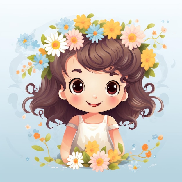 Foto ilustración de una linda niña con flores en el pelo