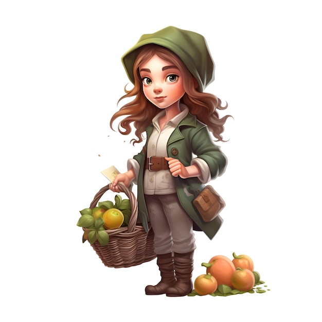 Ilustración de una linda niña sosteniendo una canasta llena de frutas