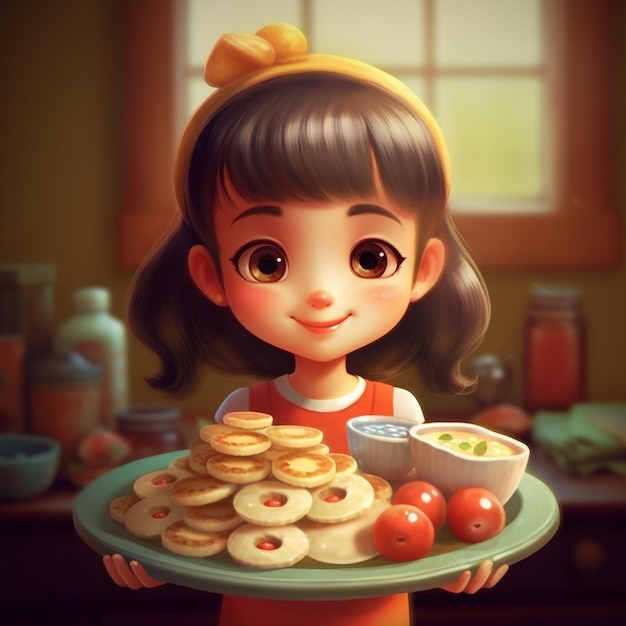 Foto ilustración de una linda niña sosteniendo un plato de comida deliciosa