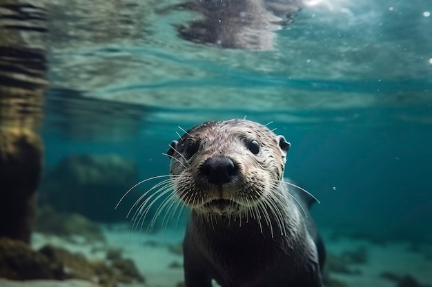 Ilustración de una linda nutria buceando bajo el agua genera ai