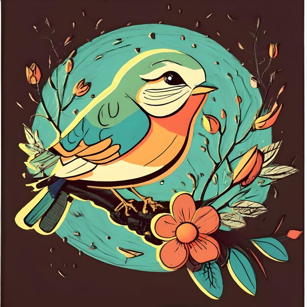 Foto ilustración linda de pájaro y flor