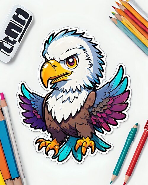 Foto ilustración de una linda pegatina de águila con colores vibrantes y una expresión lúdica