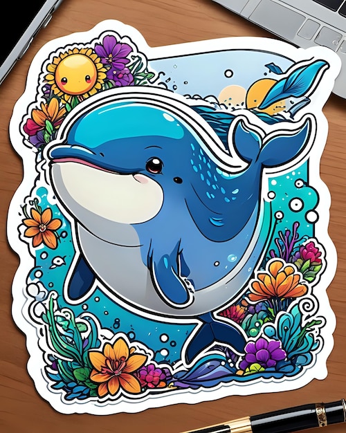 Ilustración de una linda pegatina de ballena con colores vibrantes y una expresión lúdica